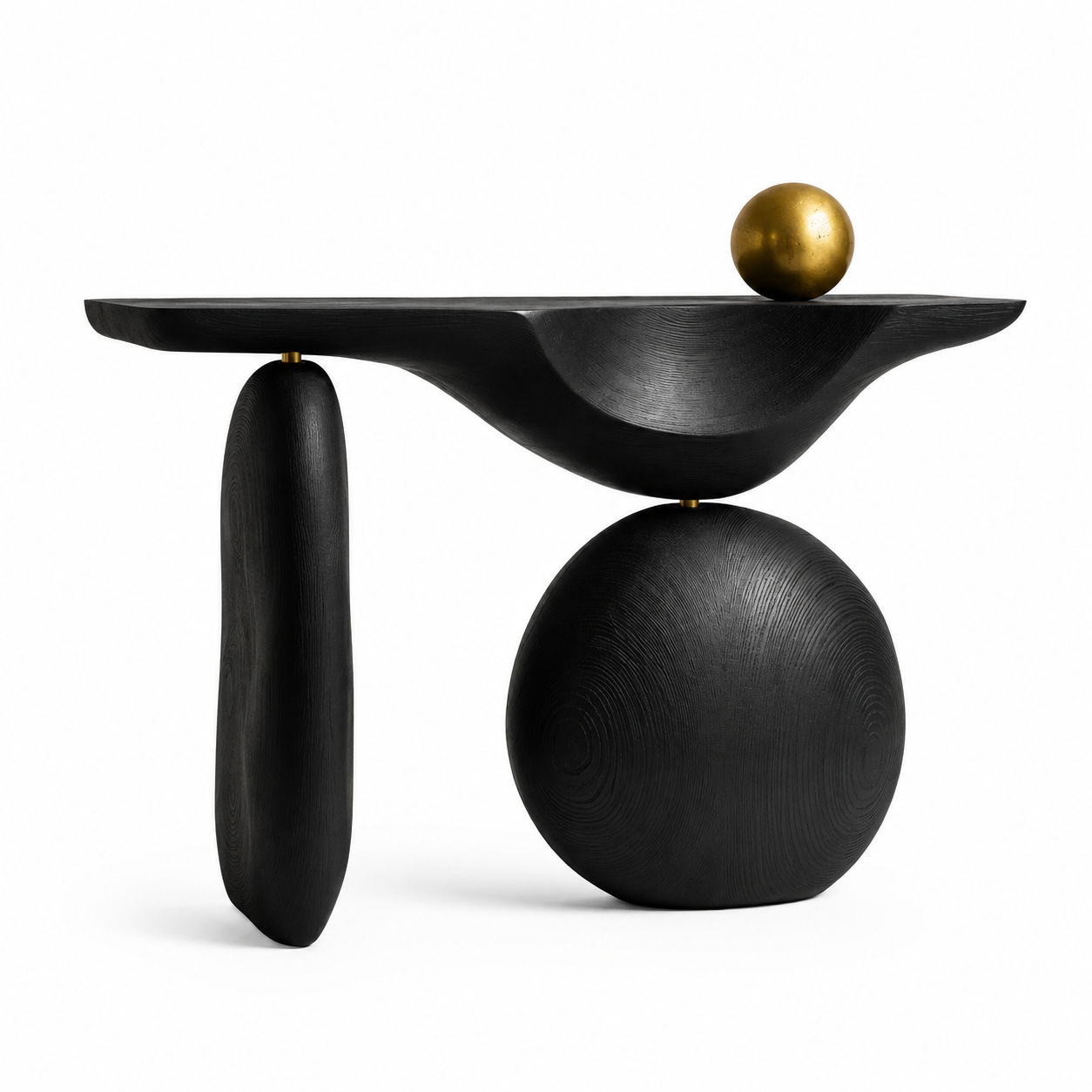 Eclisse sculptural console table in matte black with a curved dish top and brass sphere accent