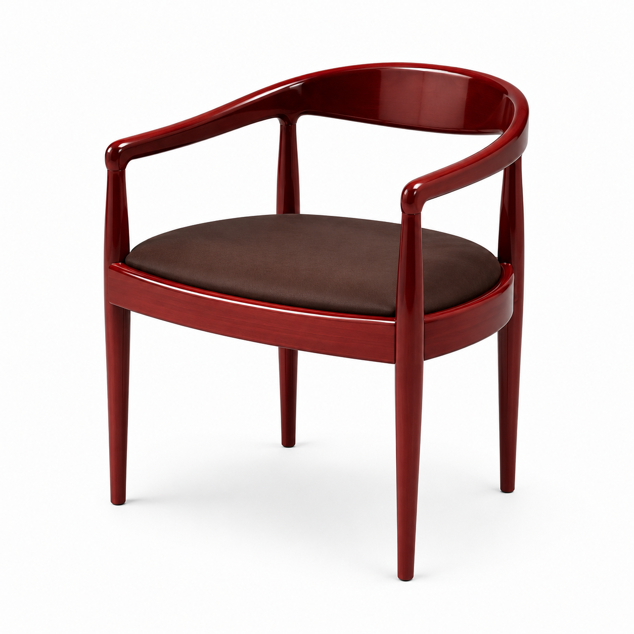 Corallo armchair with a high-gloss red round-back frame and brown leather seat