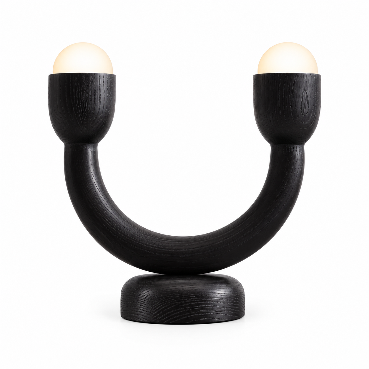 Onda table lamp with two opal glass globes held in a blackened timber U-shaped body