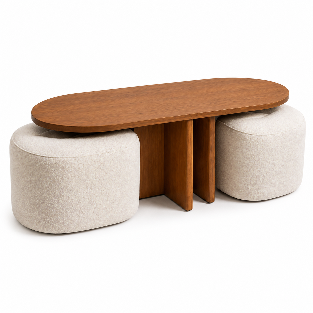 Sora oval coffee table on a sculptural wood-look base with two upholstered ottomans nested underneath