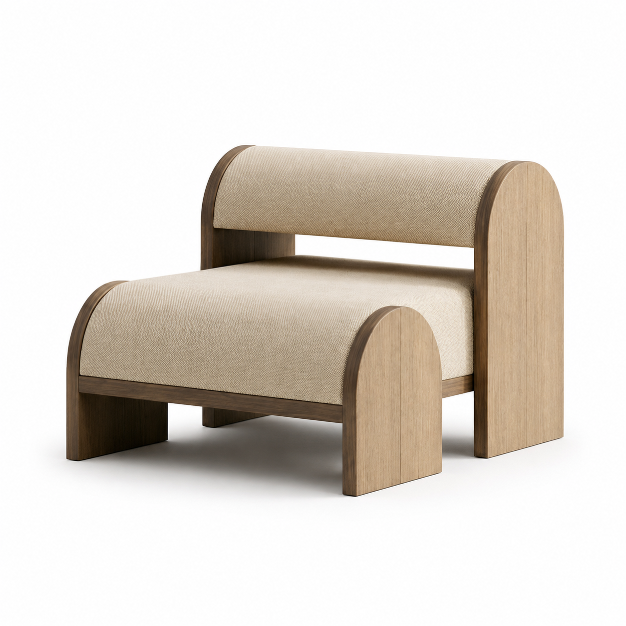 Arcata Arch-Form Armchair in cream upholstery on a natural wood-look sled frame