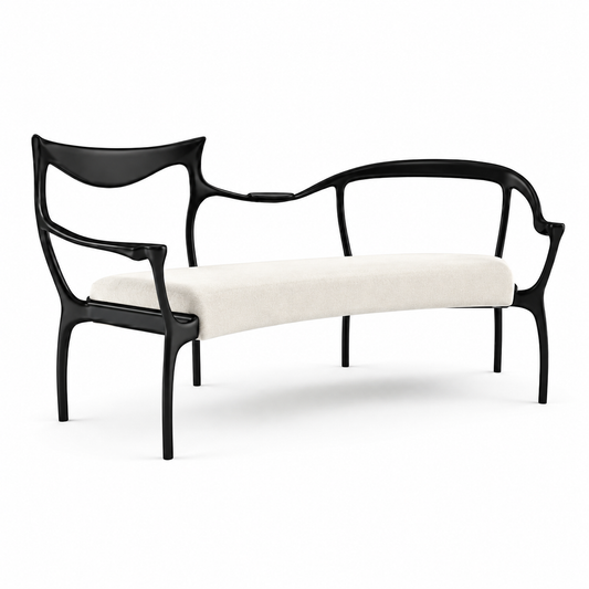 Lira sculptural settee in cream boucle with a continuous curved back