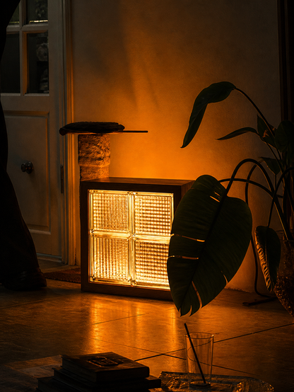 Amber Glass Block Lamp — amber glass table lamp, alternate view | Belmont & Kensing