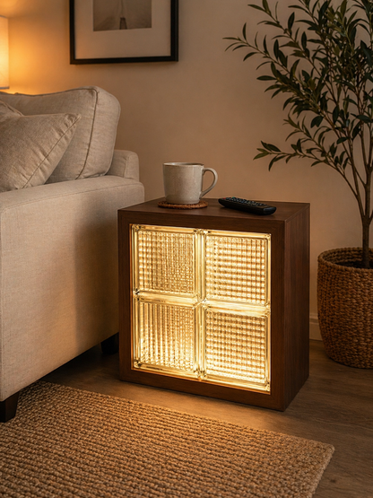 Amber Glass Block Lamp — amber glass table lamp, detail view | Belmont & Kensing