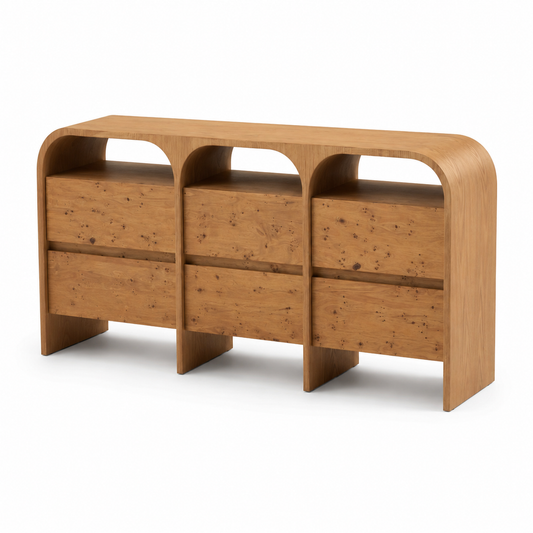 Arden curved wood sideboard with three open compartments above six concealed drawers