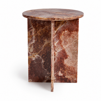 Rosso round side table with burgundy and rust veined stone top on an intersecting slab base