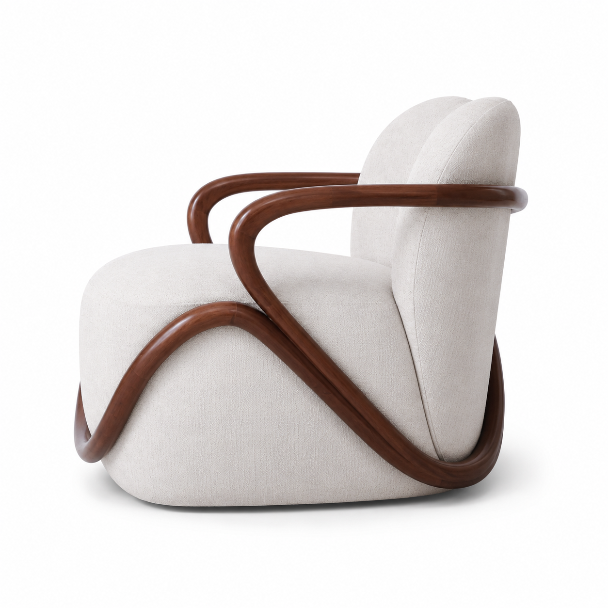 Sienna sculptural lounge chair, rear view of the wrapped wood-look back