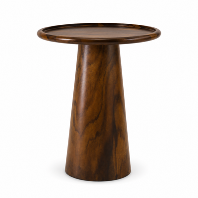 Ronan pedestal side table in a dark wood-look finish with a raised tray-style top