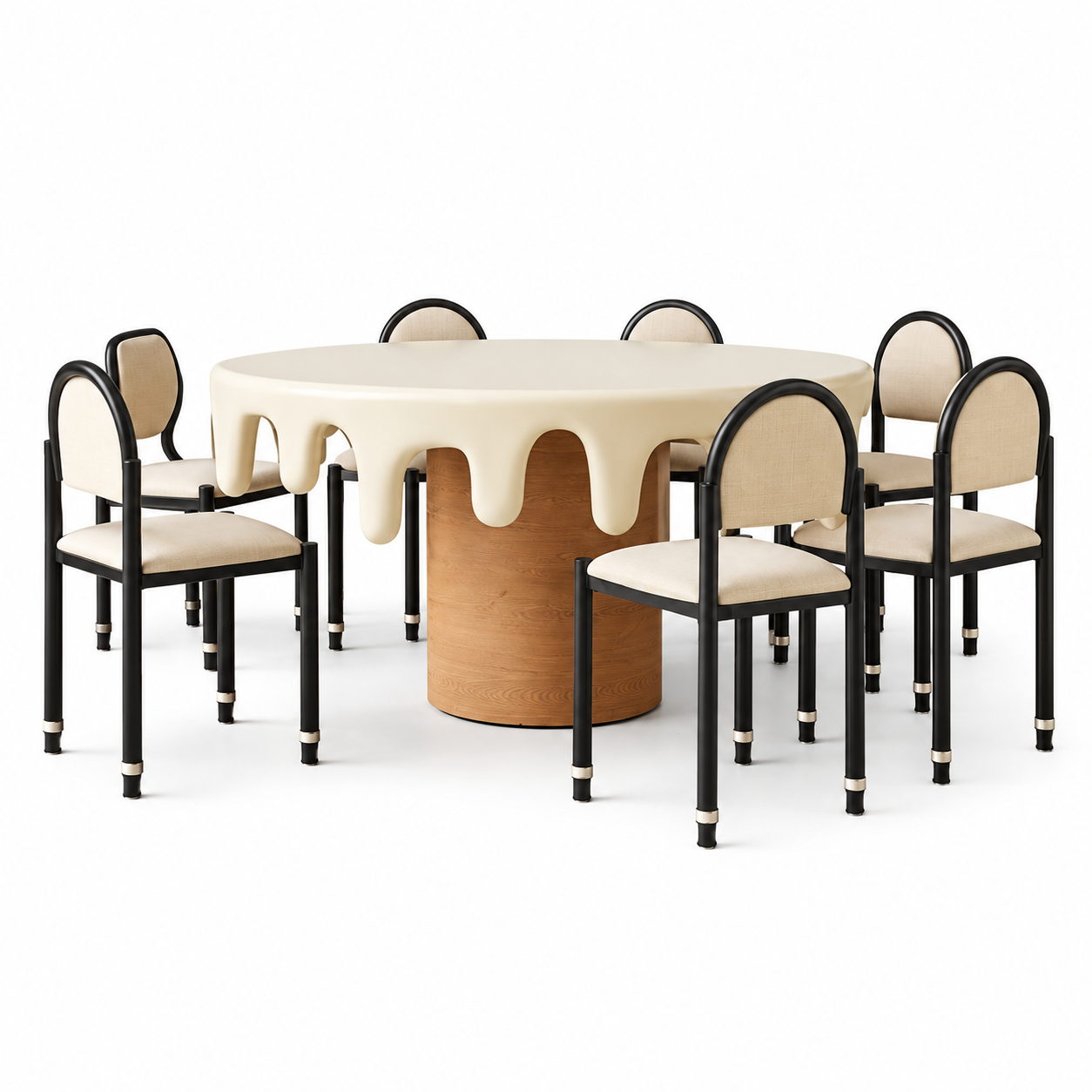 Cascata dining set – the drip-edge dining table surrounded by six Aria arch-back dining chairs