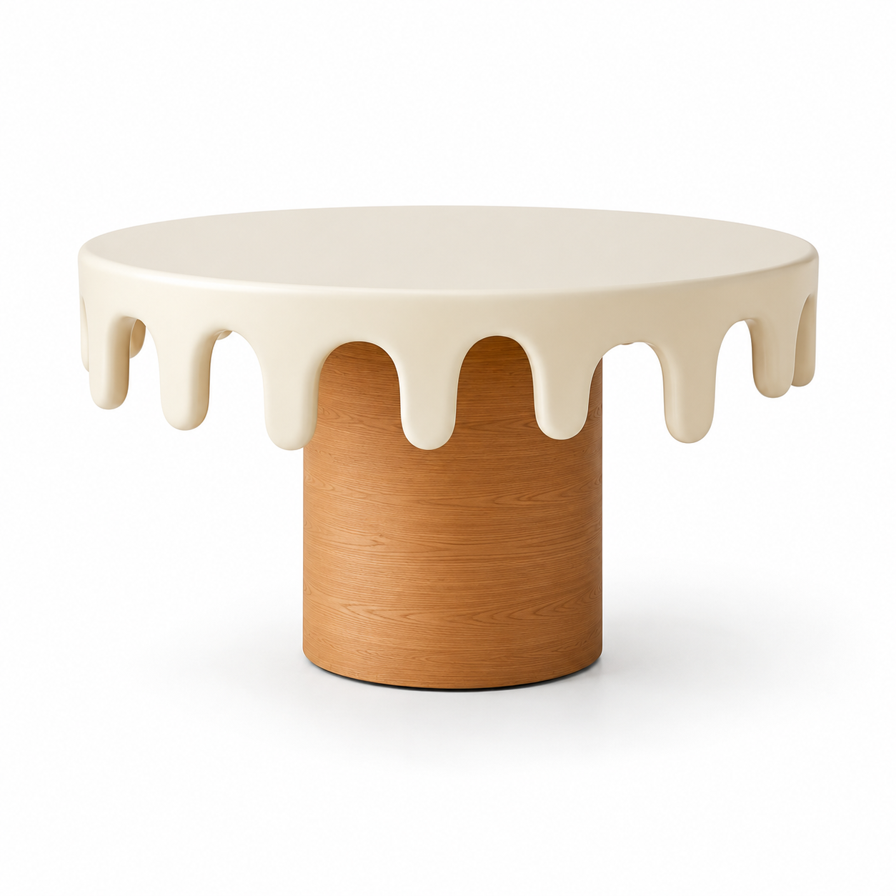 Cascata round dining table with a cream resin drip-edge top on a solid oak pedestal