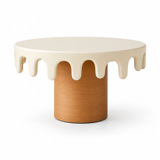 Cascata round dining table with a cream resin drip-edge top on a solid oak pedestal