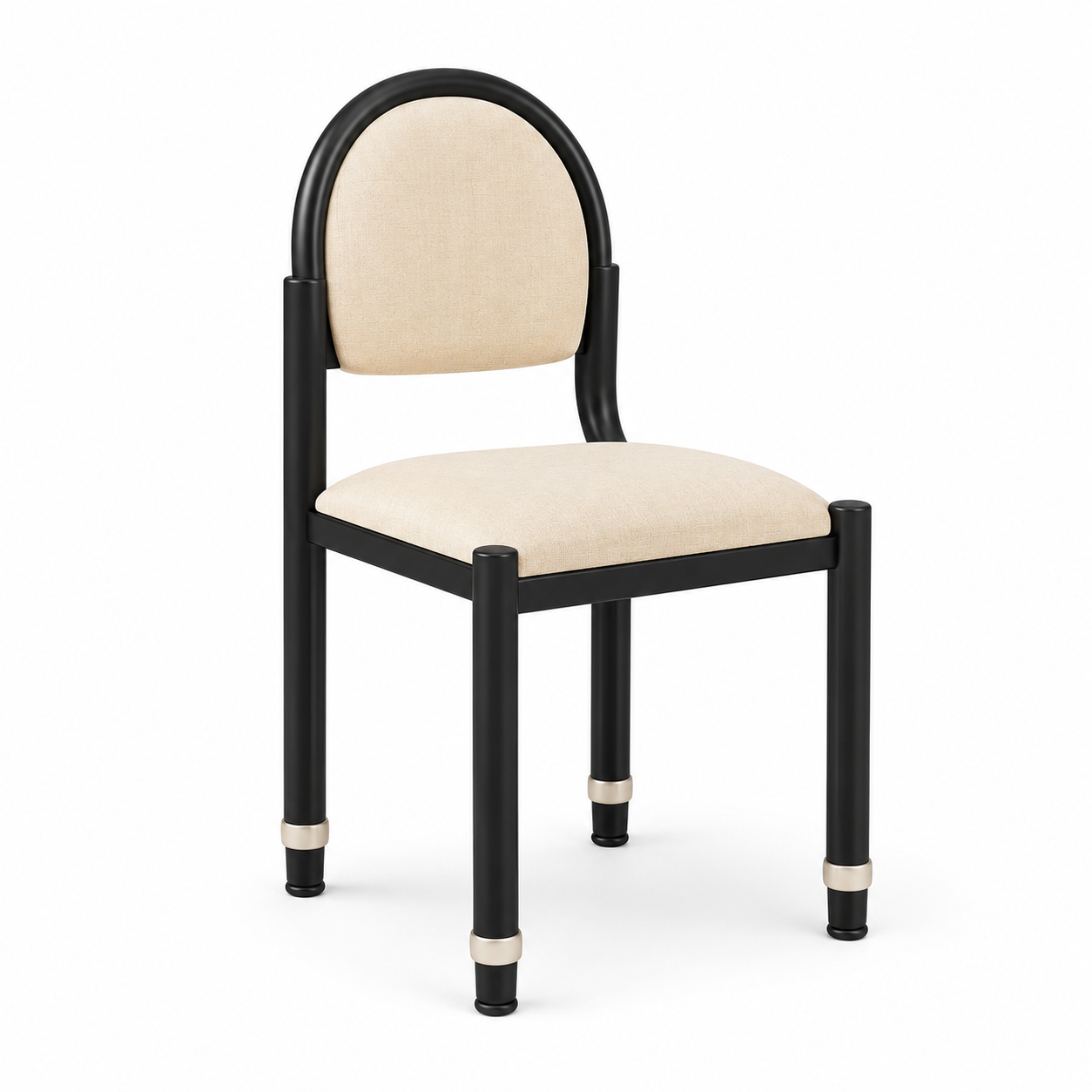 Aria dining chair with a cream arched upholstered back on a black tubular frame