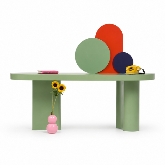 Salvia oval writing desk in sage green with rounded pedestal legs