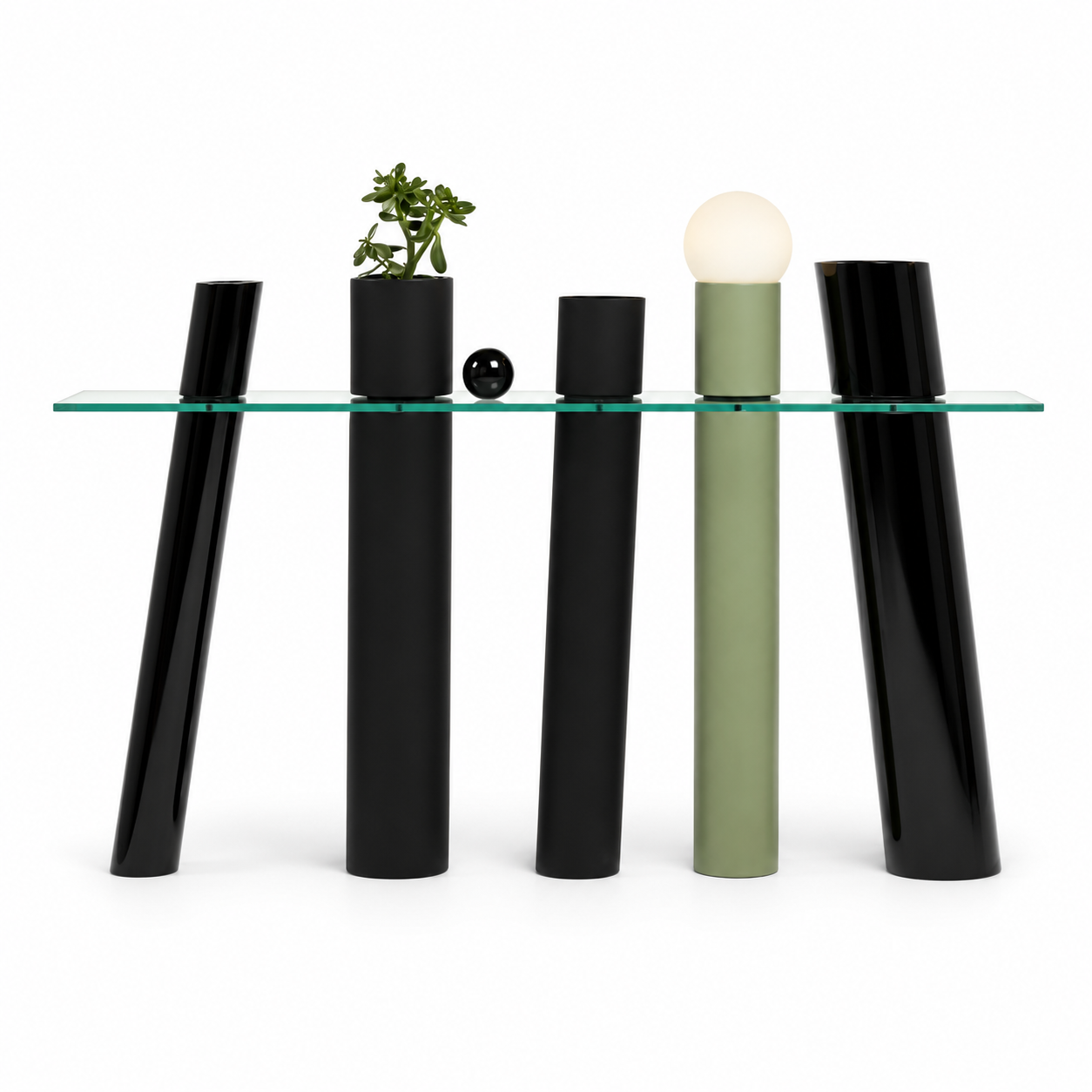 Vetro console table with a clear glass top resting on five cylindrical legs