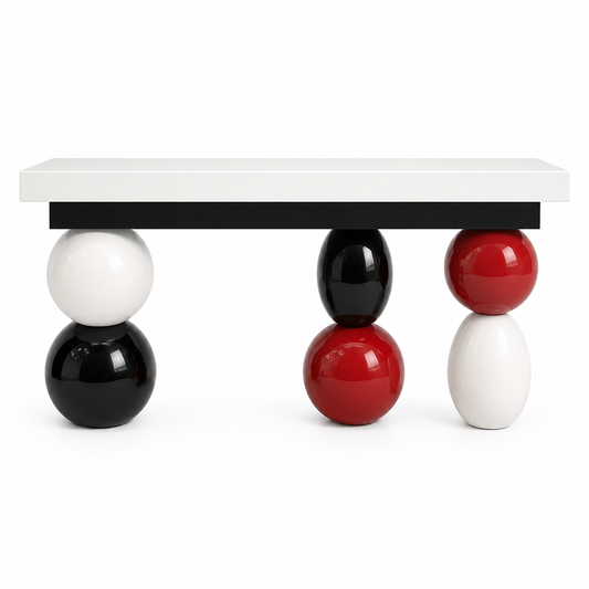 Domino console bench with a white top on stacked black, white and red sphere legs