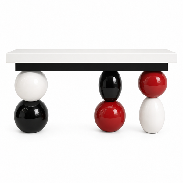 Domino console bench with a white top on stacked black, white and red sphere legs