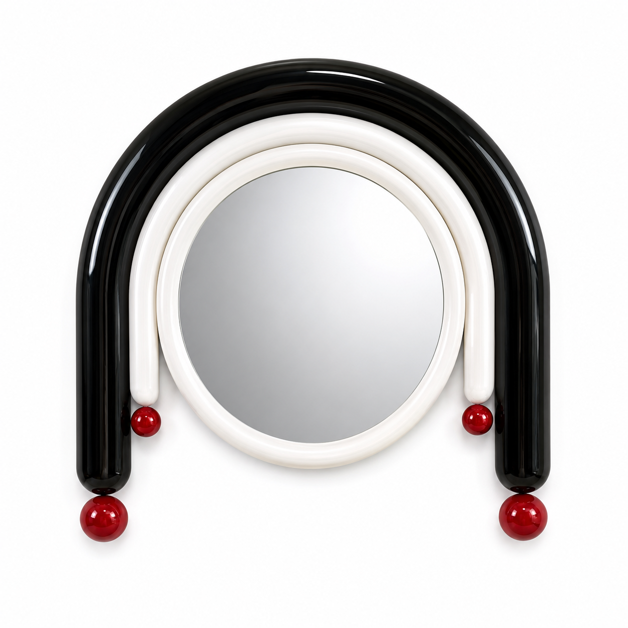 Arco wall mirror framed by black and white tubular arches with red sphere finials