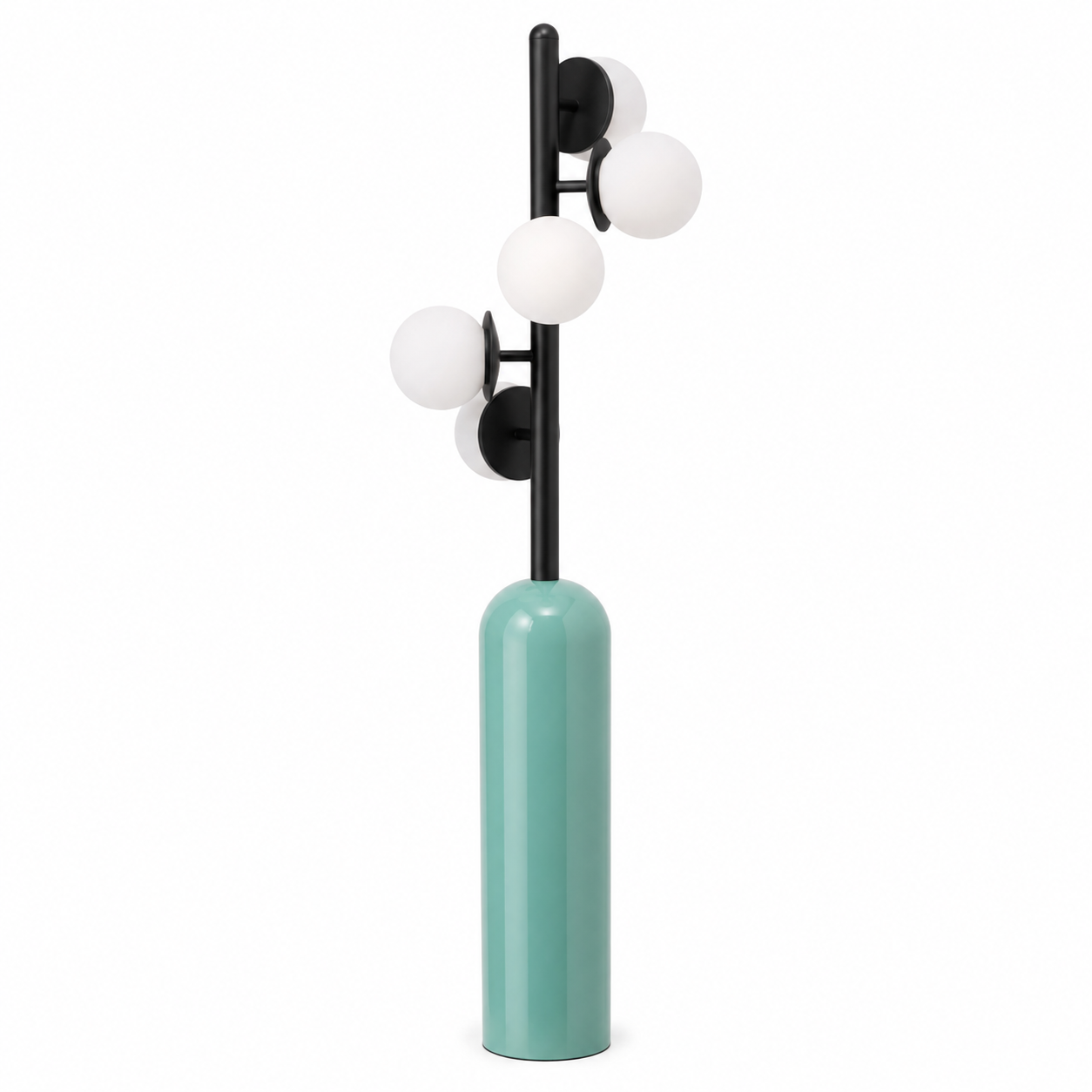 Laguna table lamp with four opal glass globes on a black stem and teal gloss cylinder base