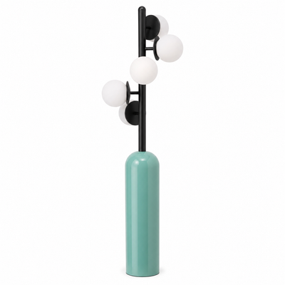 Laguna table lamp with four opal glass globes on a black stem and teal gloss cylinder base
