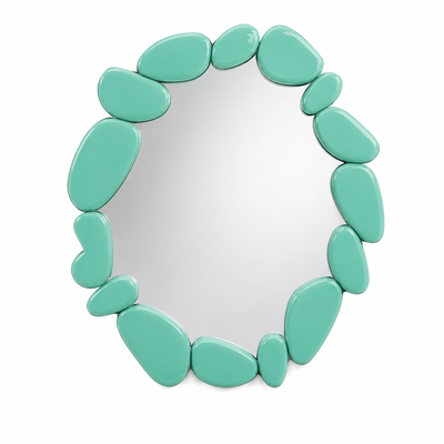 Pietra round wall mirror framed by hand-set mint green glossy pebble forms