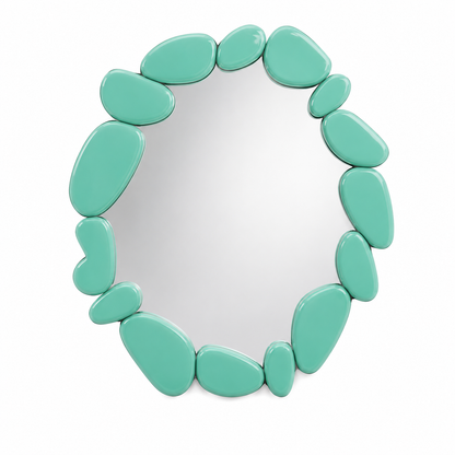 Pietra round wall mirror framed by hand-set mint green glossy pebble forms