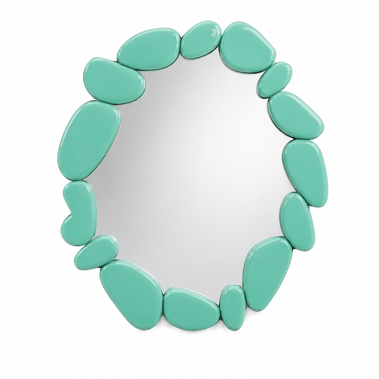 Pietra round wall mirror framed by hand-set mint green glossy pebble forms