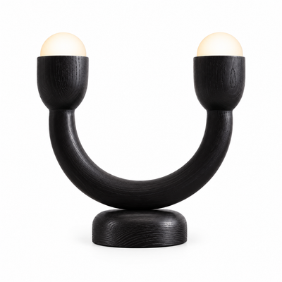 Onda table lamp with two opal glass globes held in a blackened timber U-shaped body