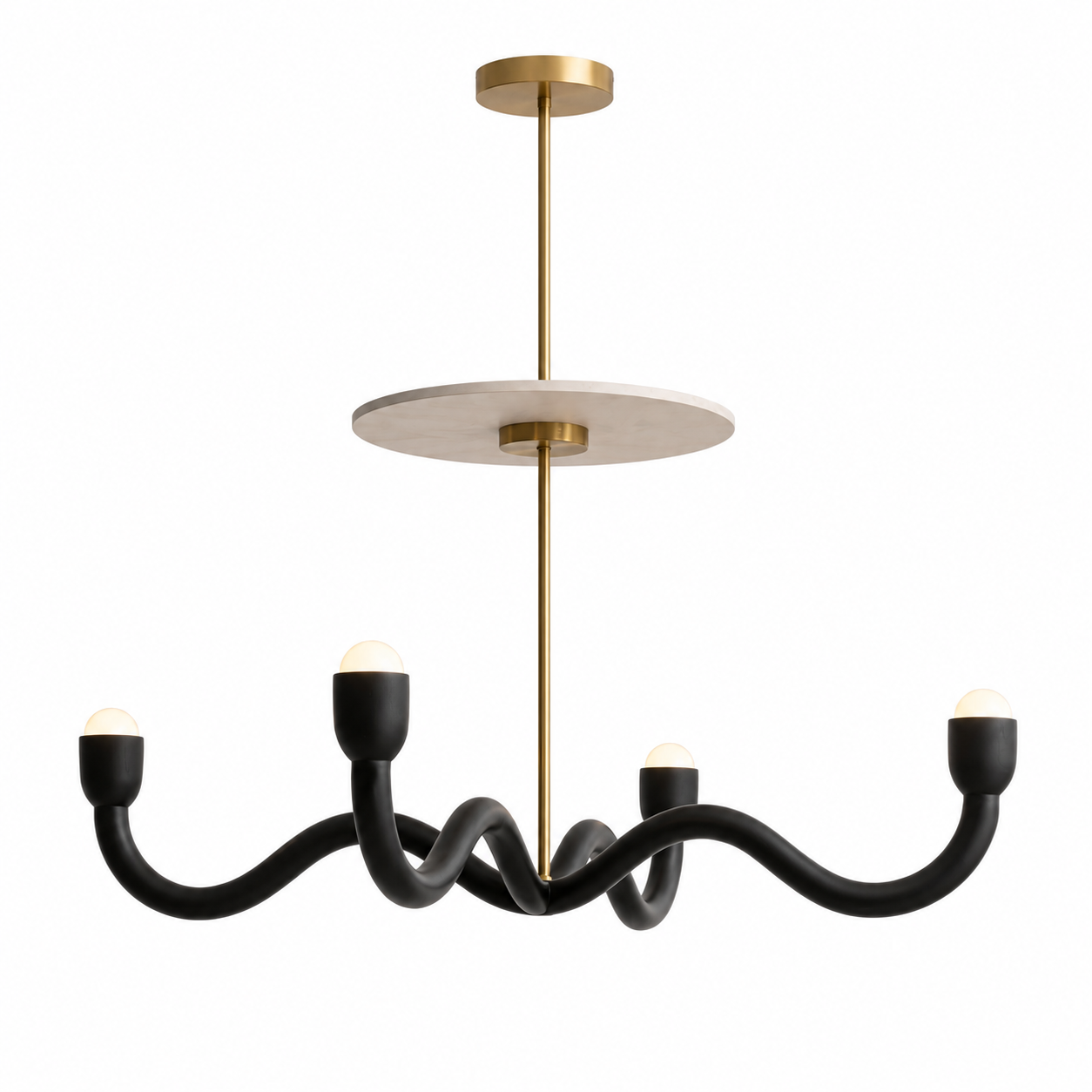 Riva chandelier with a metallic-toned stem, stone-look disc and four black sculptural arms