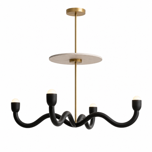 Riva chandelier with a metallic-toned stem, stone-look disc and four black sculptural arms