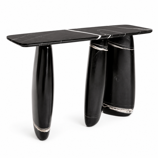 Nero console table with a black stone-look top on three bulbous tapered legs