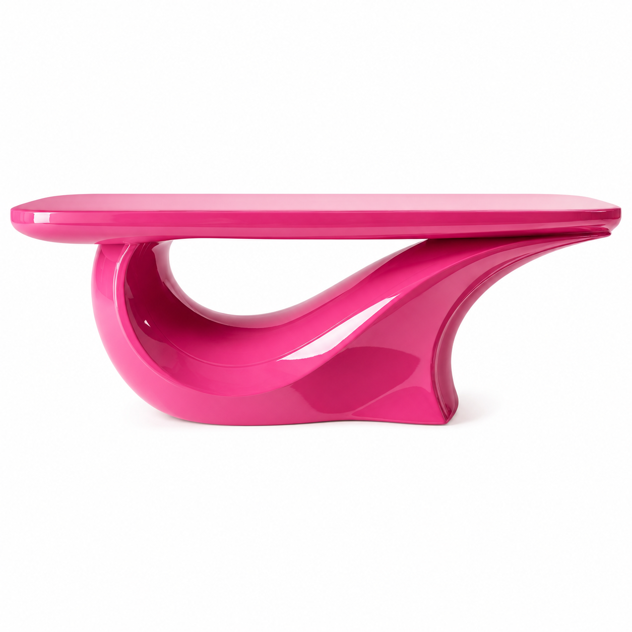 Rosa console table formed as a continuous wave in high-gloss pink lacquer