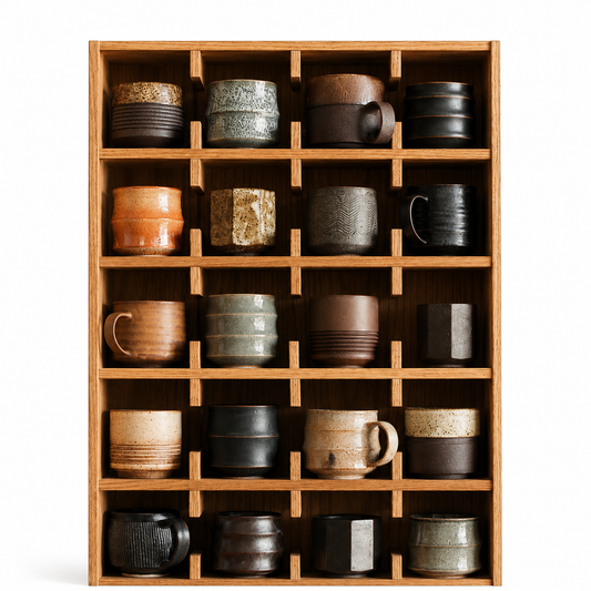 Alba display shelf with twenty open compartments styled with ceramic cups