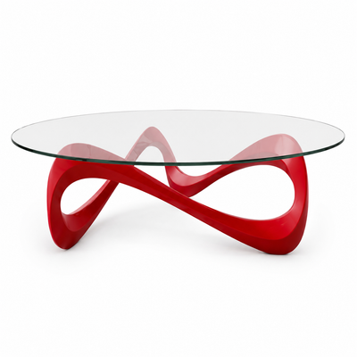 Infinito coffee table with an oval glass top on a red lacquer infinity-loop base