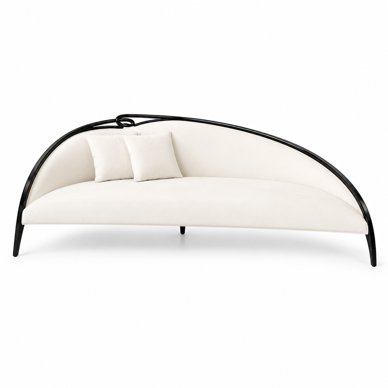 Mezzaluna Crescent Sofa in cream bouclé with a black lacquer arc frame and two scatter cushions