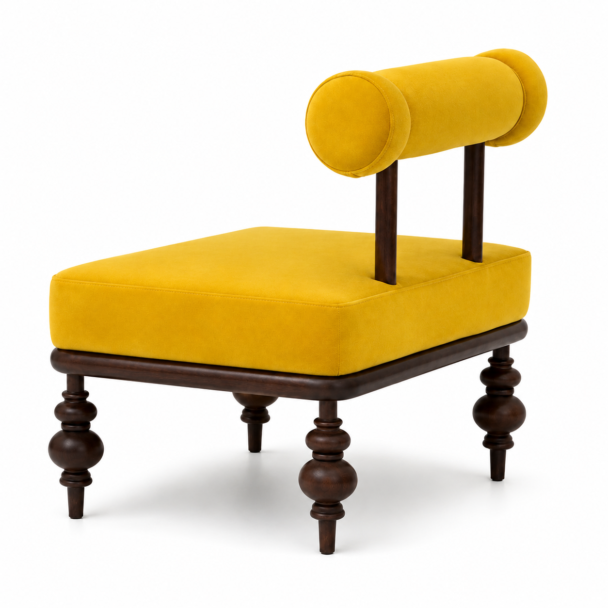 Yellow bolster lounge chair in mustard upholstery on dark turned wood-look legs