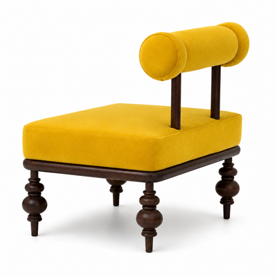Yellow bolster lounge chair in mustard upholstery on dark turned wood-look legs