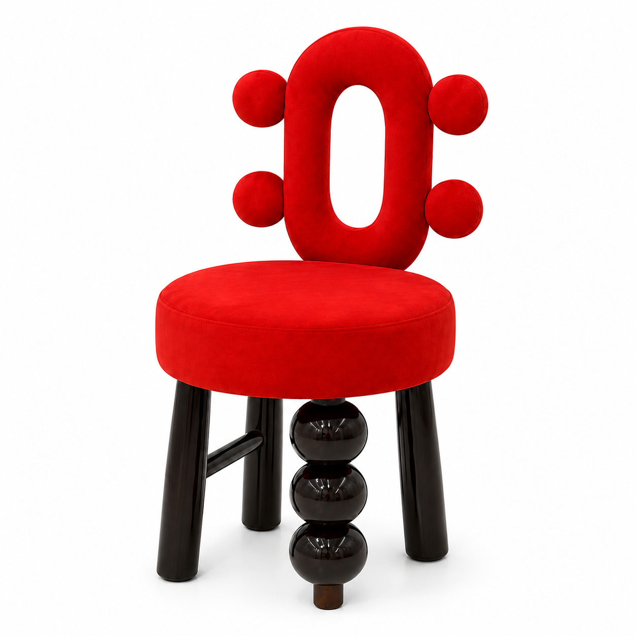 Orba accent chair with an oversized open backrest and four circular upholstered accents