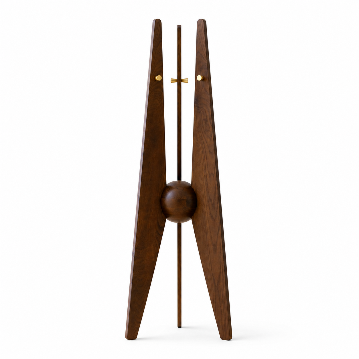 Aster valet stand with tapered wood-look side panels, central sphere and metallic-toned pegs