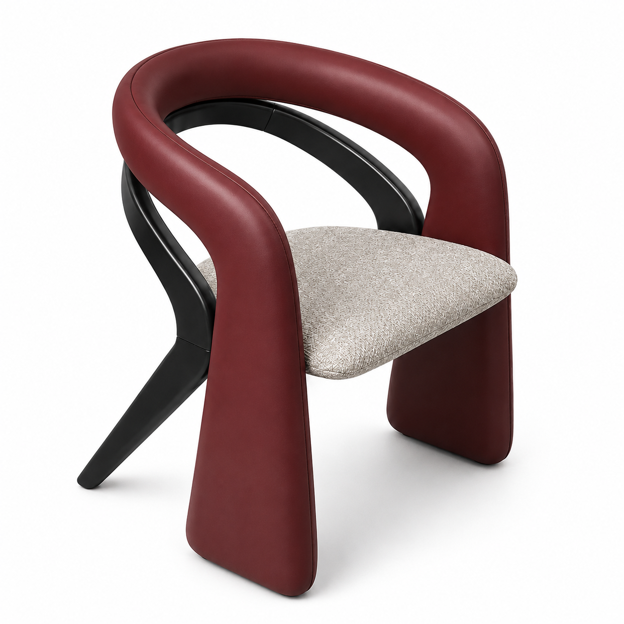 Vela accent chair with a sweeping burgundy loop backrest and textured neutral seat