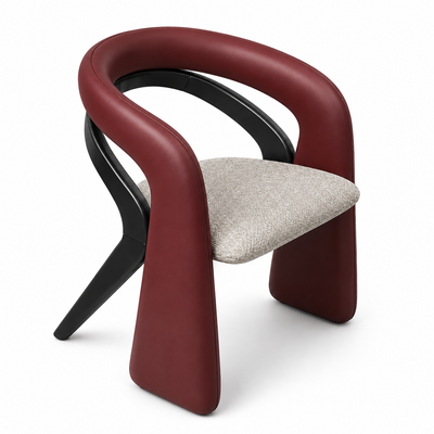 Vela accent chair with a sweeping burgundy loop backrest and textured neutral seat