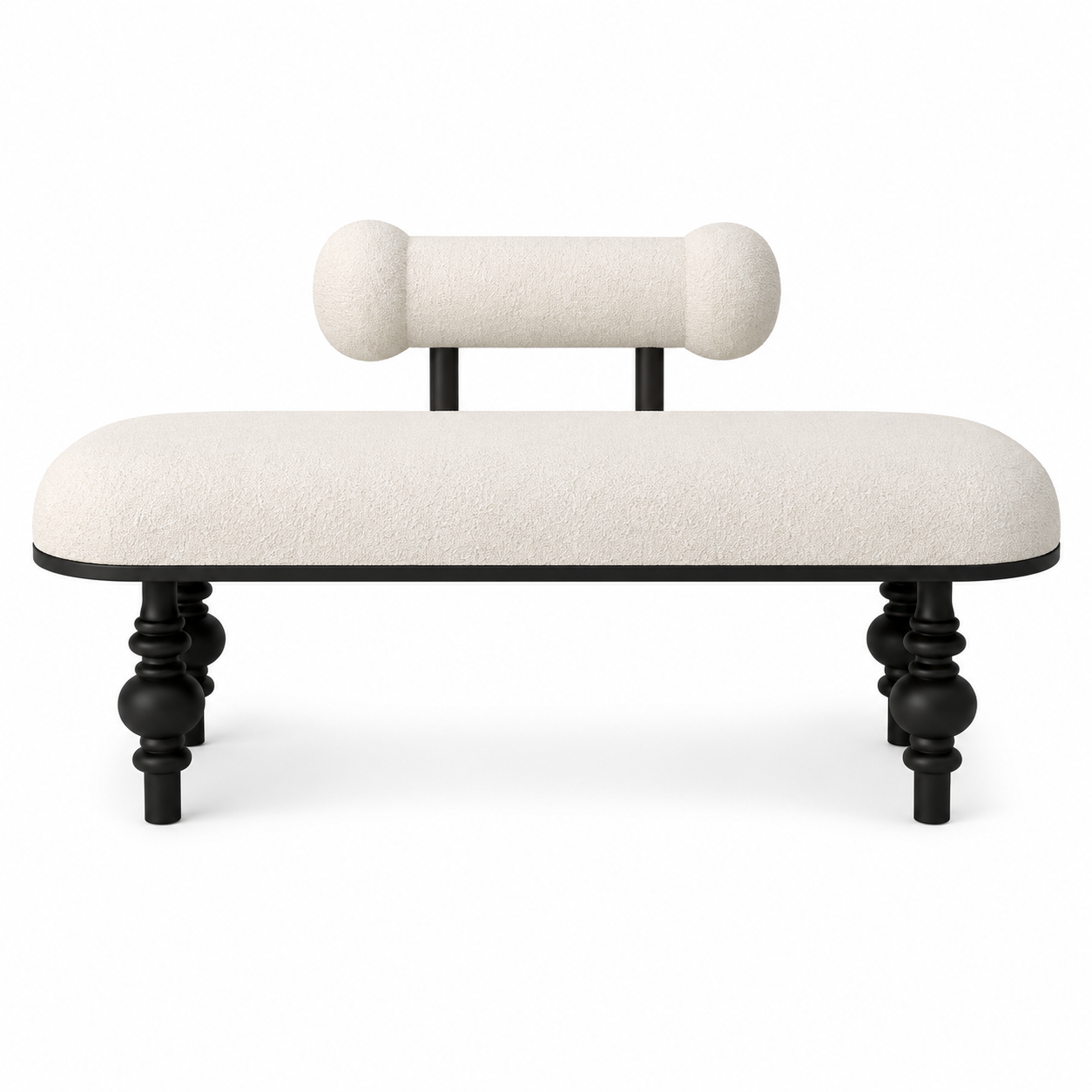 Luna ivory bolster bench with a cylindrical backrest on matte black turned legs