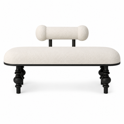 Luna ivory bolster bench with a cylindrical backrest on matte black turned legs