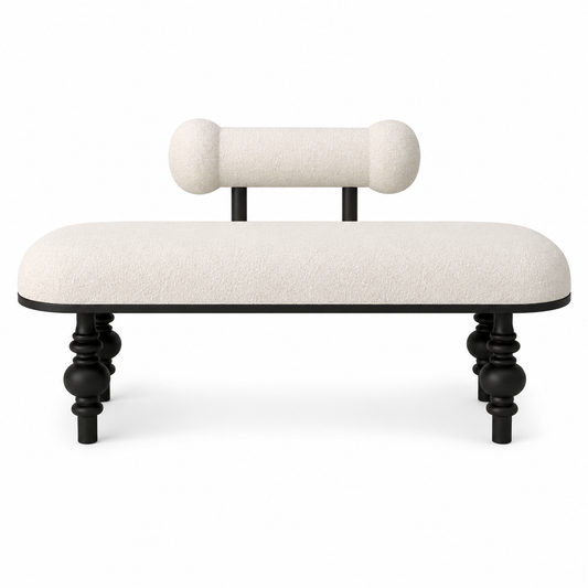 Luna ivory bolster bench with a cylindrical backrest on matte black turned legs