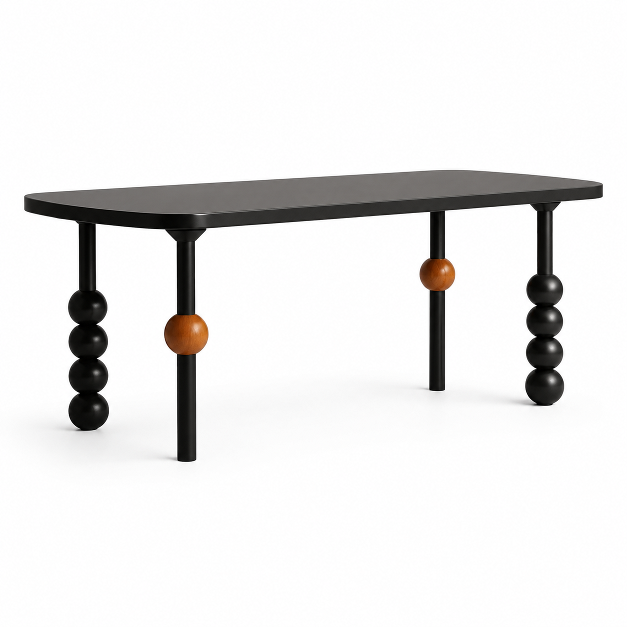 Arlo coffee table with a matte black top on four sculptural stacked-sphere legs