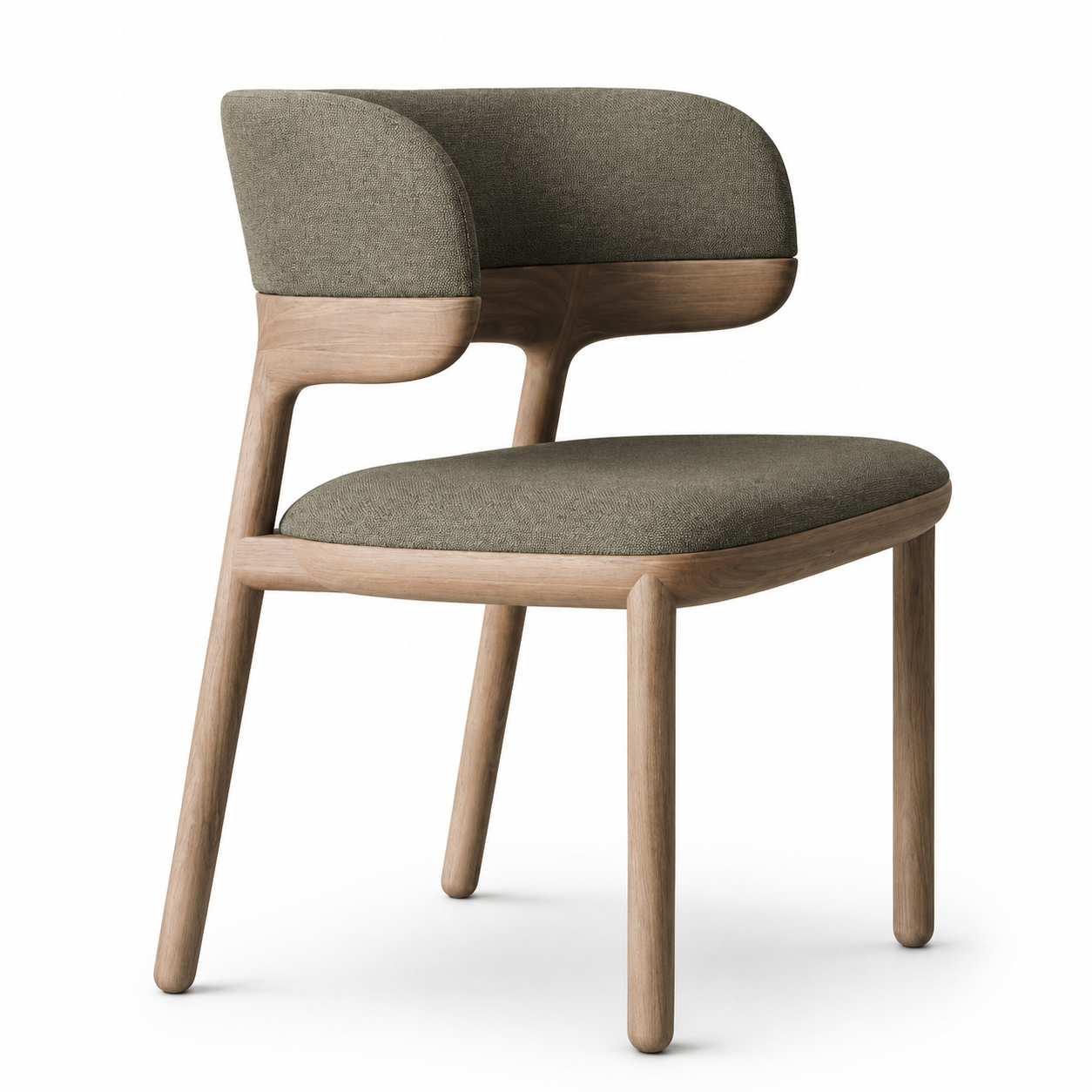 Ostra Wrap-Back Dining Chair in olive tweed on a natural oak frame, three-quarter view