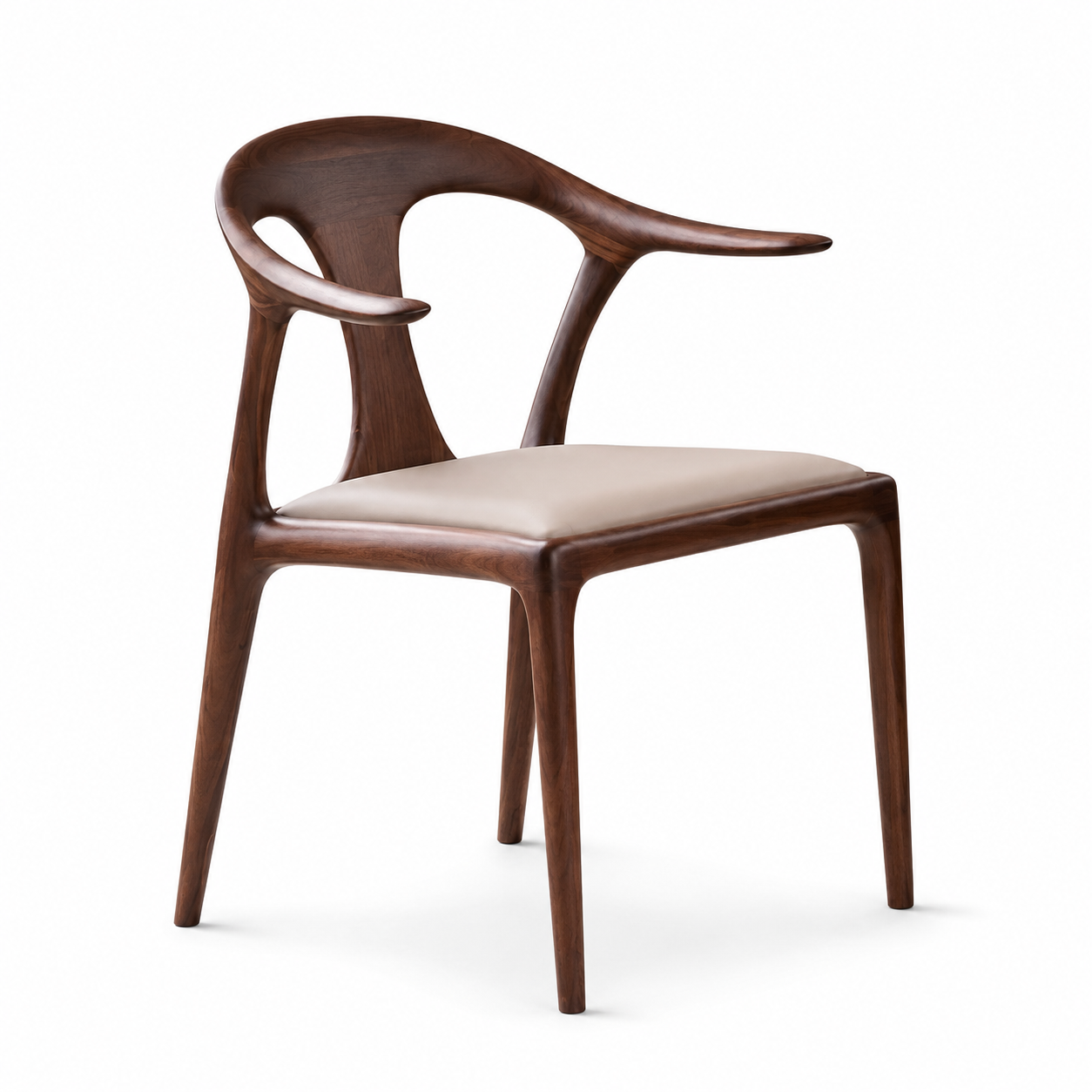 Corno Sculptural Armchair in hand-carved walnut with sweeping horn-form arms and a cream leather seat