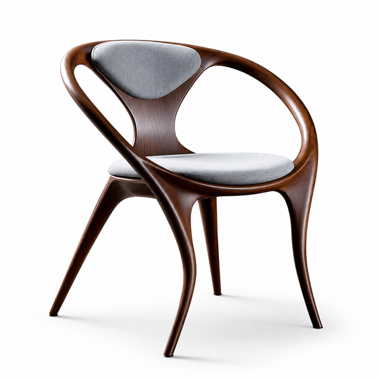 Nastro Ribbon Lounge Chair with a continuous looped walnut frame and grey upholstered seat and back