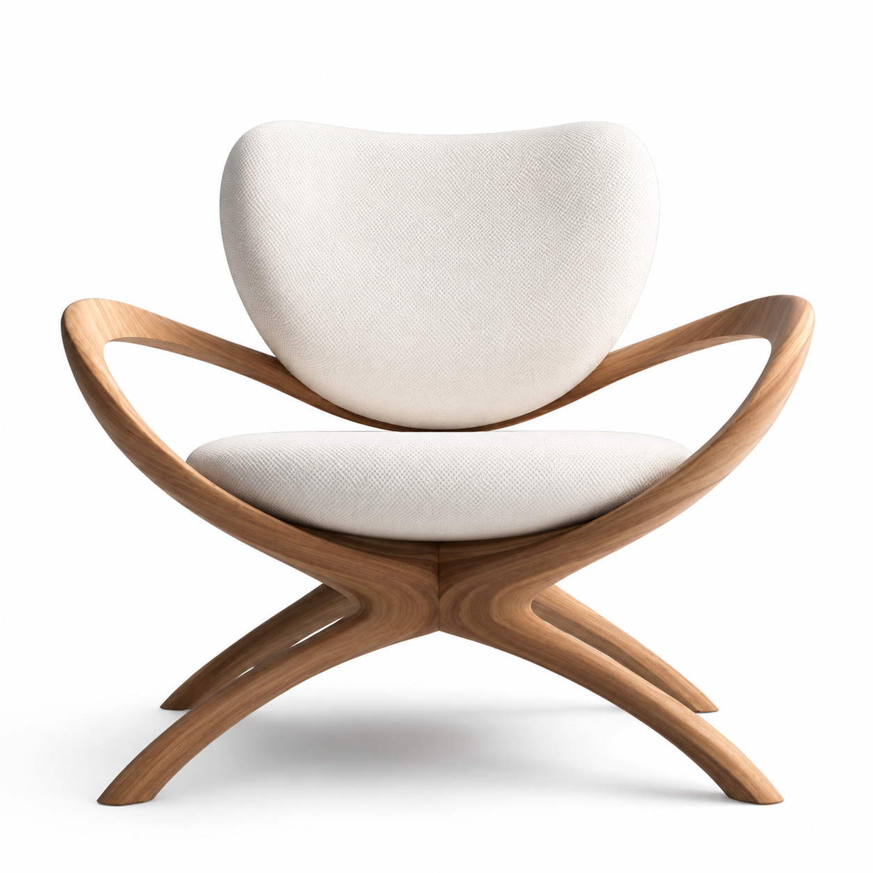 Calice Cross-Base Lounge Chair with a cream bouclé shell seat on a crossed oak base, front view