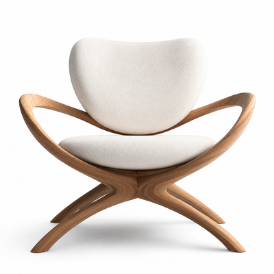 Calice Cross-Base Lounge Chair with a cream bouclé shell seat on a crossed oak base, front view