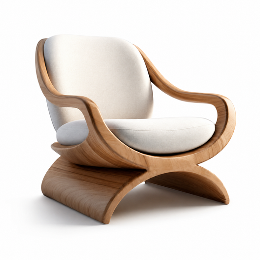 Marea curved lounge chair with cream cushions and sculpted arms on an arched wood-look sled base
